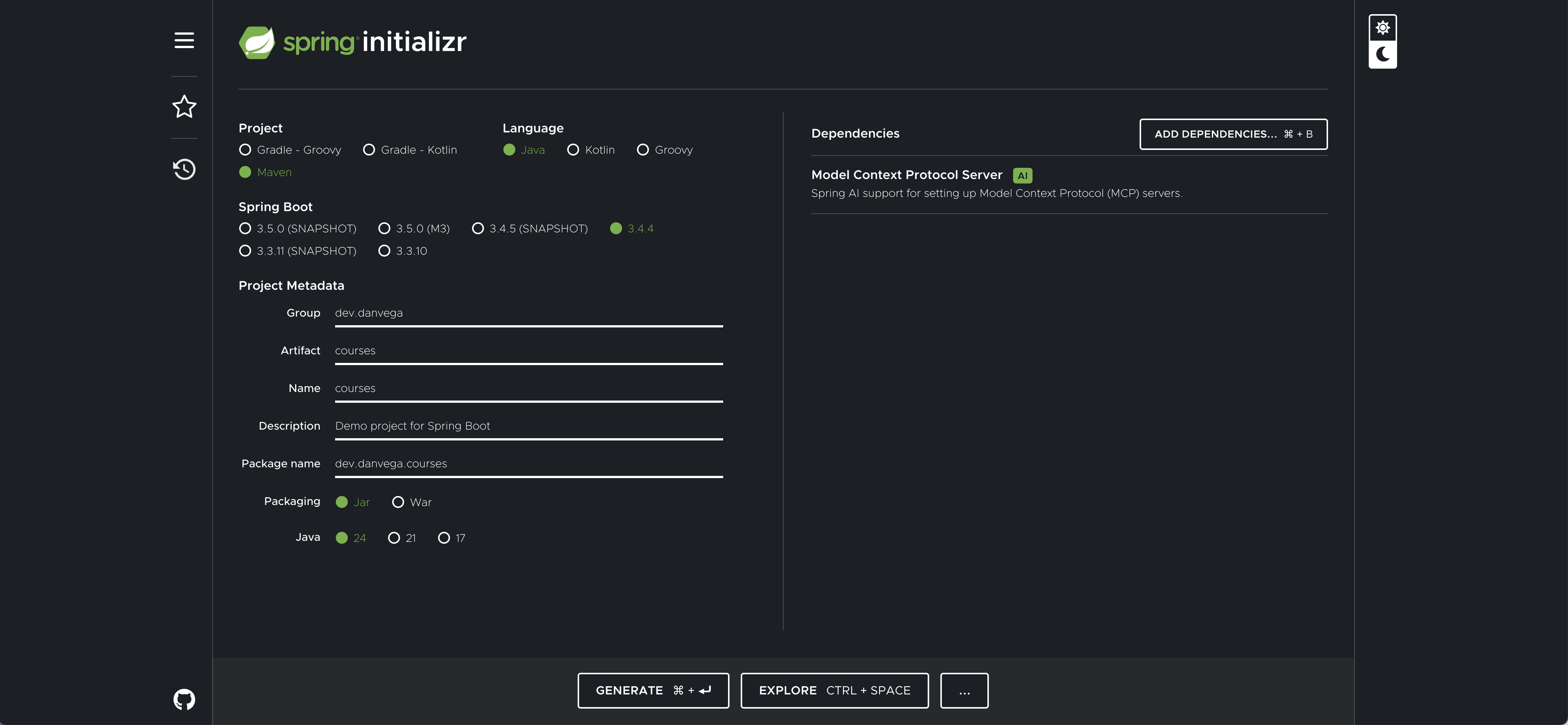 Spring Initializer Configuration